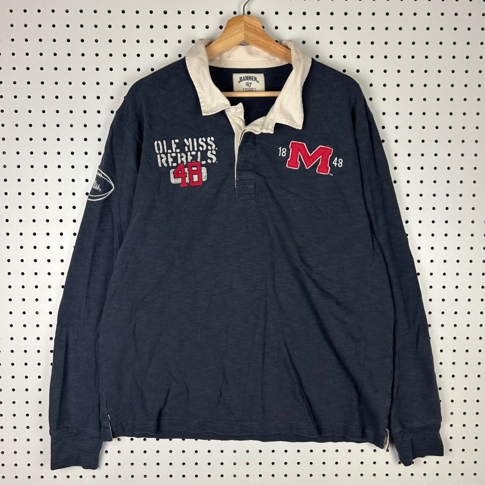 Banner 47 Ole Miss Rebels Rugby Shirt XL Navy Blue Long Sleeve Polo NCAA y2k